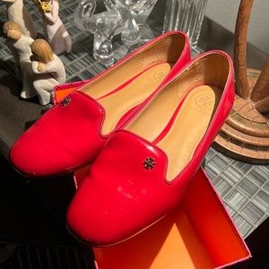 Tory Burch red patent leather loafers